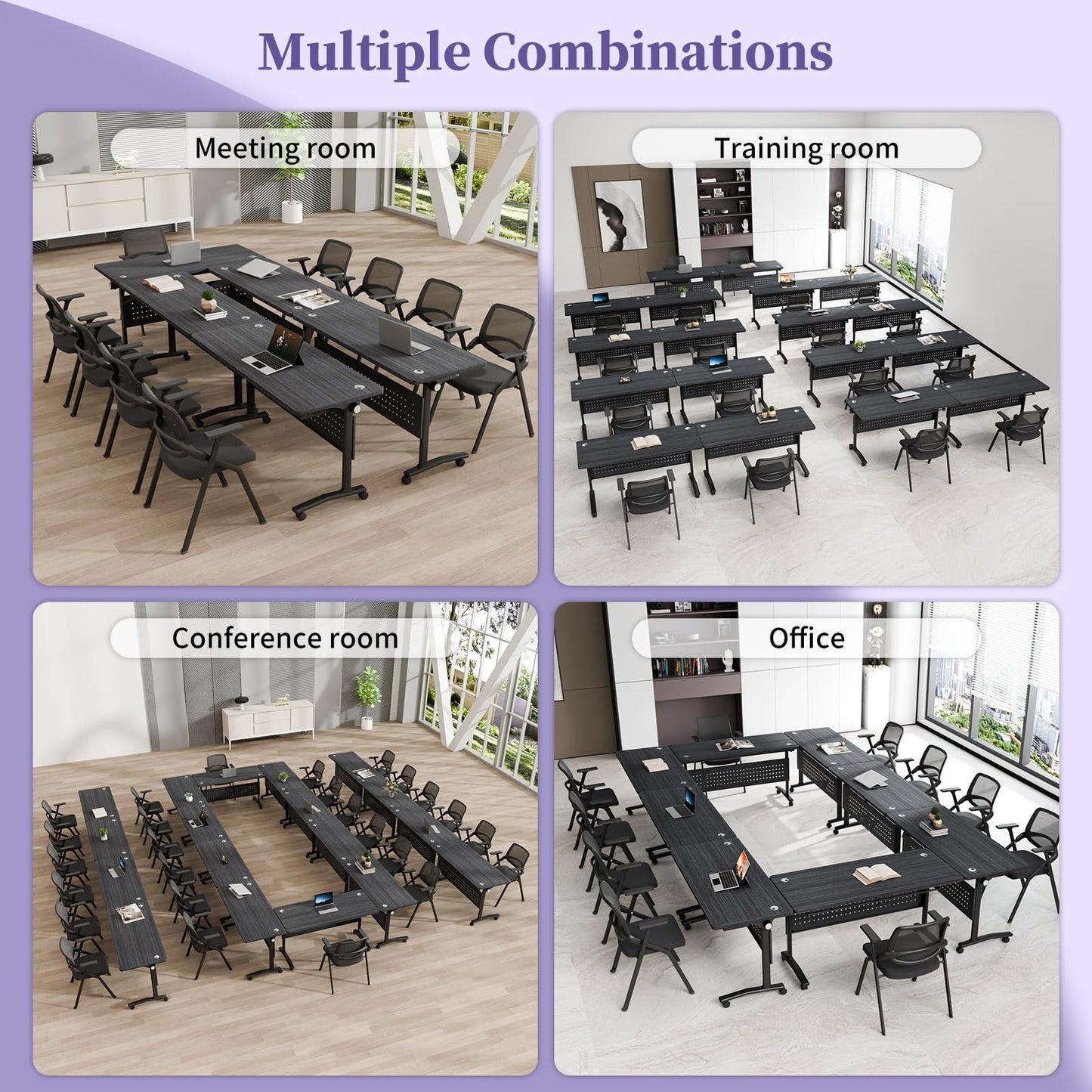 JNMDLAKO Folding Conference Room Table for 6-12 Person, Modular Mobile Large Flip-Top Training Table with Locking Wheels, Modern Rectangular Seminar Meeting Tables for Office (6, Black, 47.2in)