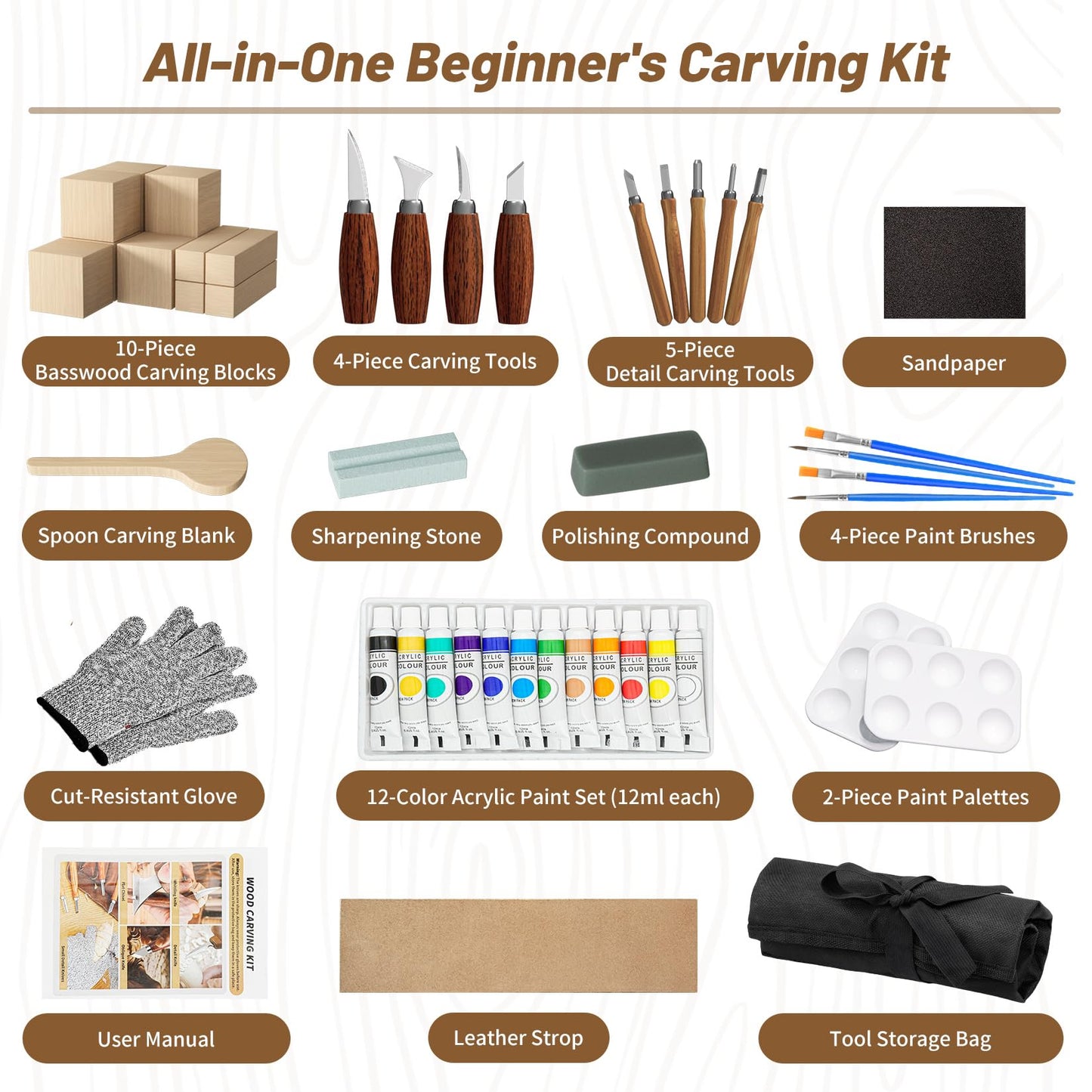 Wood Carving Kit, Wood Carving Tools Set with Carving Knives Detail Knives Basswood Blocks Gloves Polishing Compound Coloring Set, Wood Whittling Kit for Beginners DIY Hobbies for Adults