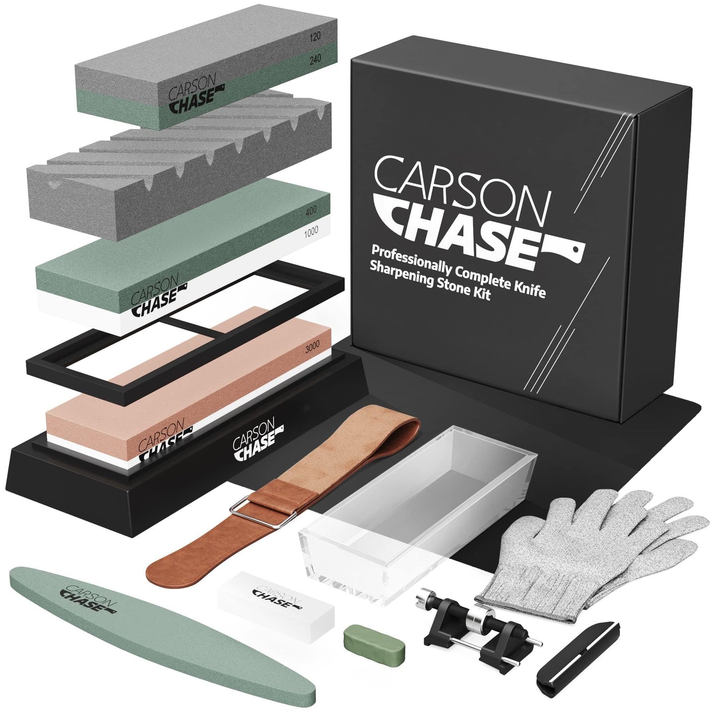 Professionally Complete Knife Sharpening Stone 15 Piece with Whetstone Bowl, Sharpener Kit for Knives, Premium 4 Side Grit Stones 400/1000 3000/8000, Honing Guide, Flattening Set, Holder, Gloves, Mat