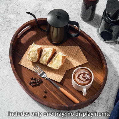SARUFO Counter, Acacia Wood Round Ottoman Tray Decorative Serving Tray with Handles for Coffee Table, Breakfast in Bed