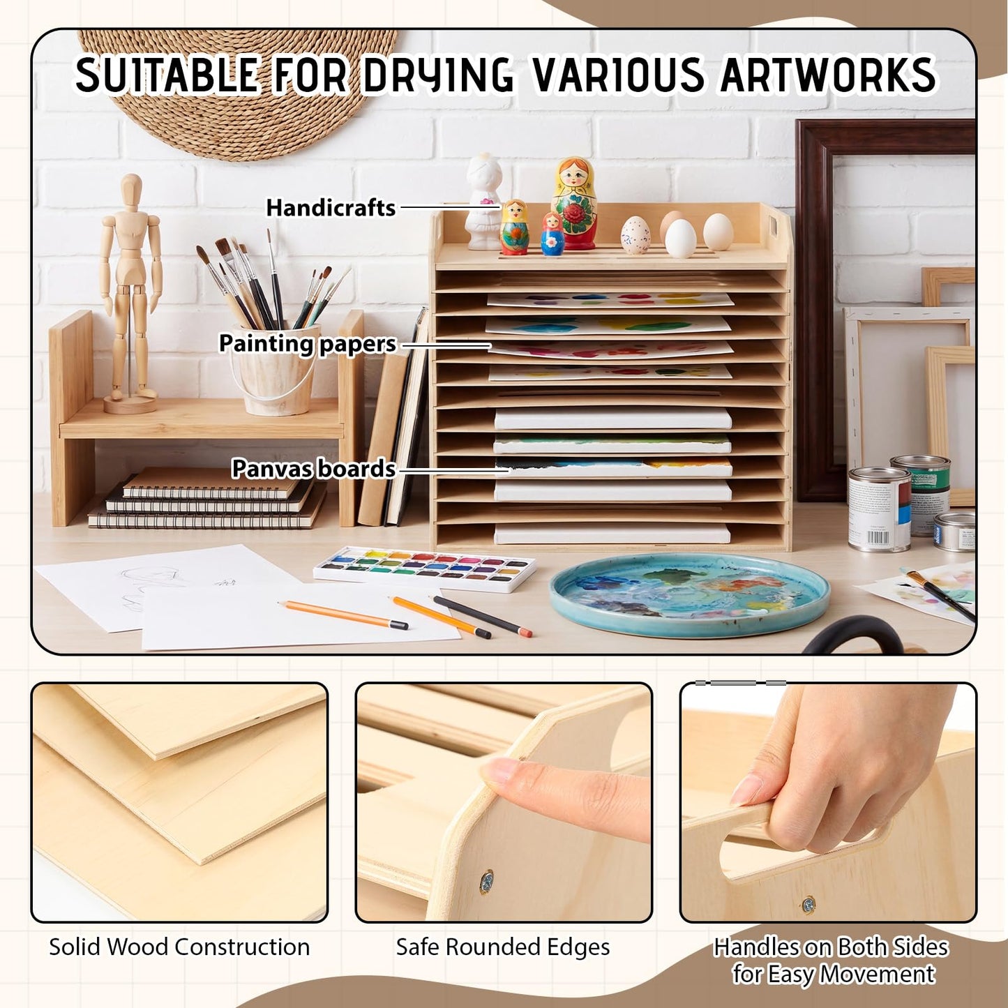Hoteam Wooden Art Drying Rack with 12 Removable Shelves Canvas Art Paint Drying Rack Wood Tabletop Artwork Display Storage Racks for Home Artwork Studio Craft Room