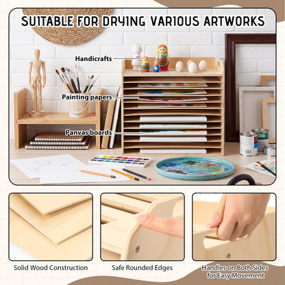 Hoteam Wooden Art Drying Rack with 12 Removable Shelves Canvas Art Paint Drying Rack Wood Tabletop Artwork Display Storage Racks for Home Artwork Studio Craft Room