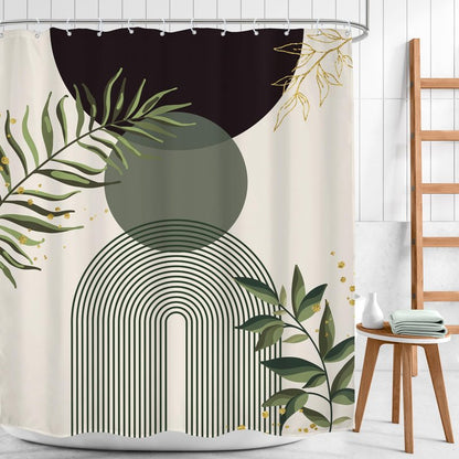 Mitpok Dark Green Boho Shower Curtain 60Wx72H Teal Green Modern Bohemian Mid Century Abstract Gold Leaves Plant Bathroom Decor Minimalist Geometric Neutral Bath Curtain Fabric Polyester 12 Pack Hooks