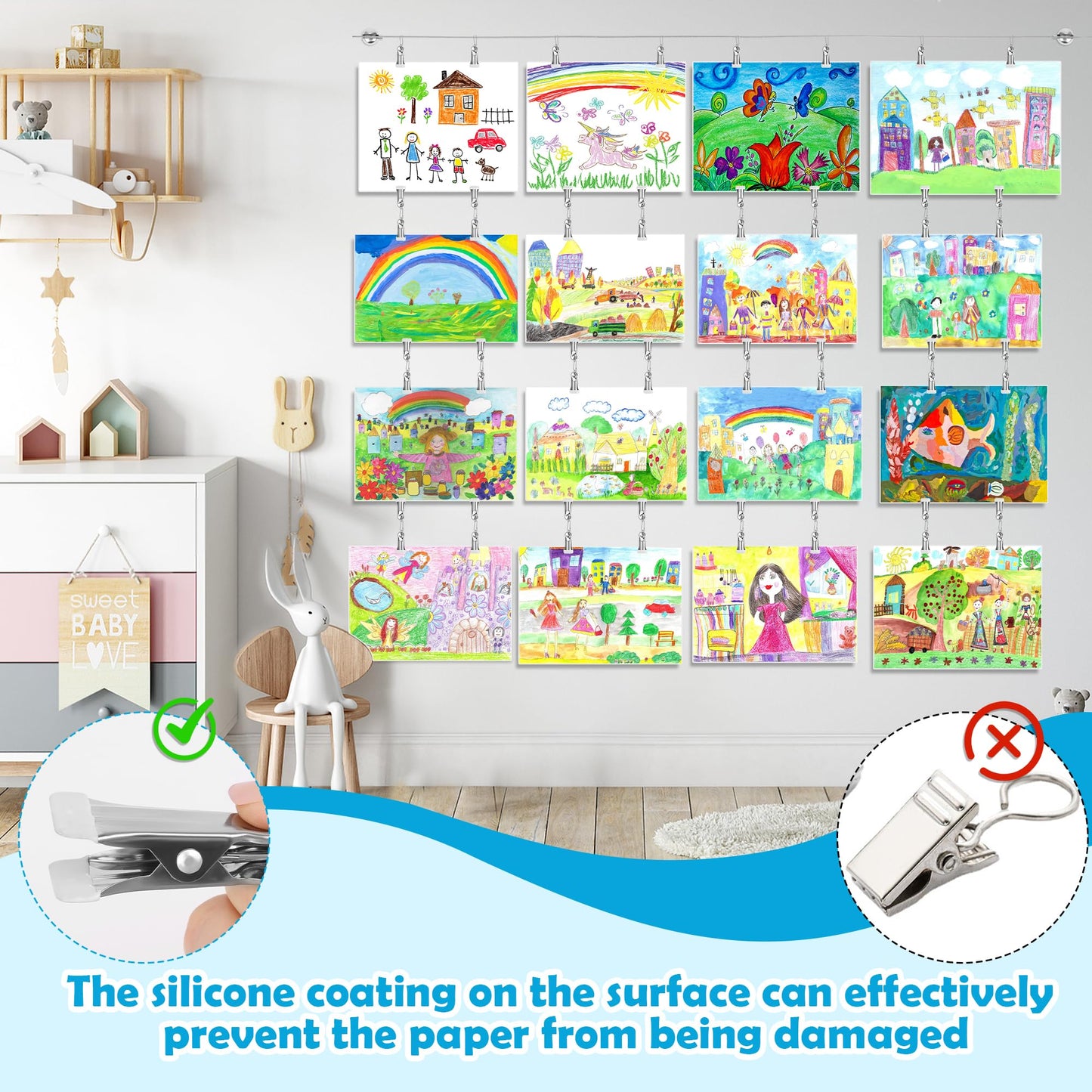 Windspeed Kids Artwork Display Wall Decor for Hanging Photo Kids Art Display for Classroom, with 118 in Alloy Steel Wire, 48P Hanging Clips