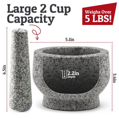 PriorityChef Large Mortar and Pestle Set, Heavy Duty Natural Granite, Make Fresh Guacamole at Home, Solid Stone Grinder Bowl, Herb Crusher, Spice Grinder, 2 Cup Size, Unpolished Grey