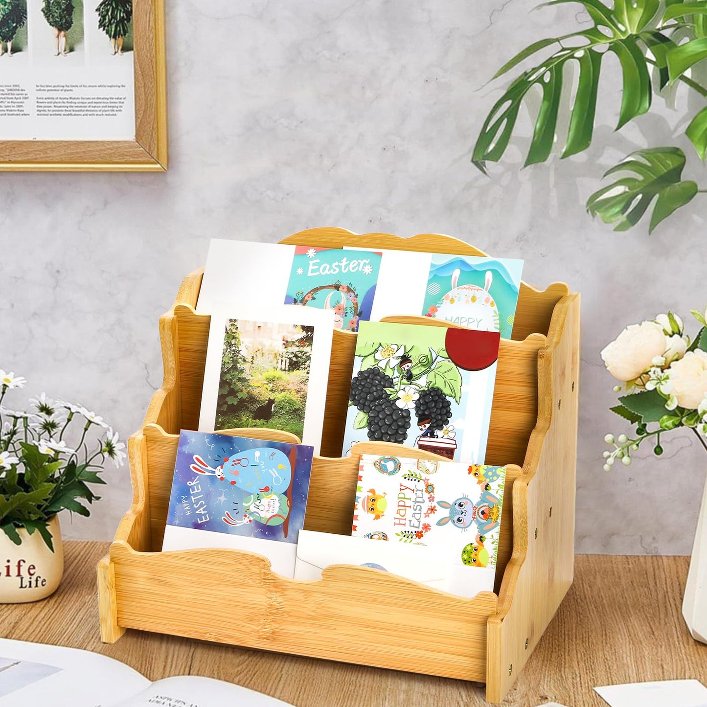 yarlung Bamboo Greeting Card Display Stand, 3 Tier Card Holder Sticker Display Postcard Stand for Craft Show, Vendors, Retail Counter, Bookcase, Brochure Holder
