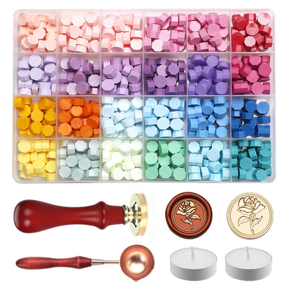 CLKINN Wax Seal Stamp Kit, 24 Colors 600 Pcs Sealing Wax Beads, Wax Seal Kit with Solid Brass Rose Wax Stamp, Spoon & 2 Tealight Candles for Wedding Invitations, Envelopes, DIY Crafts, Gift Wrapping