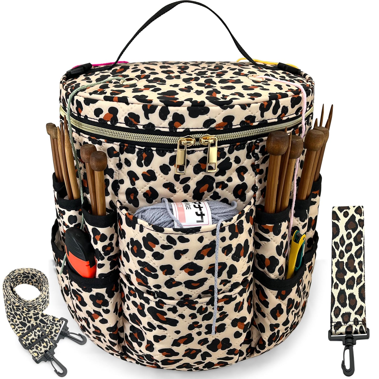 GuirCygne Crochet Bag Organizer – Durable & Heavy Duty Yarn Storage, Spacious 6L Knitting Bag for Crafters and Beginners, Easy-to-Use Leopard