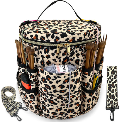 GuirCygne Crochet Bag Organizer – Durable & Heavy Duty Yarn Storage, Spacious 6L Knitting Bag for Crafters and Beginners, Easy-to-Use Leopard