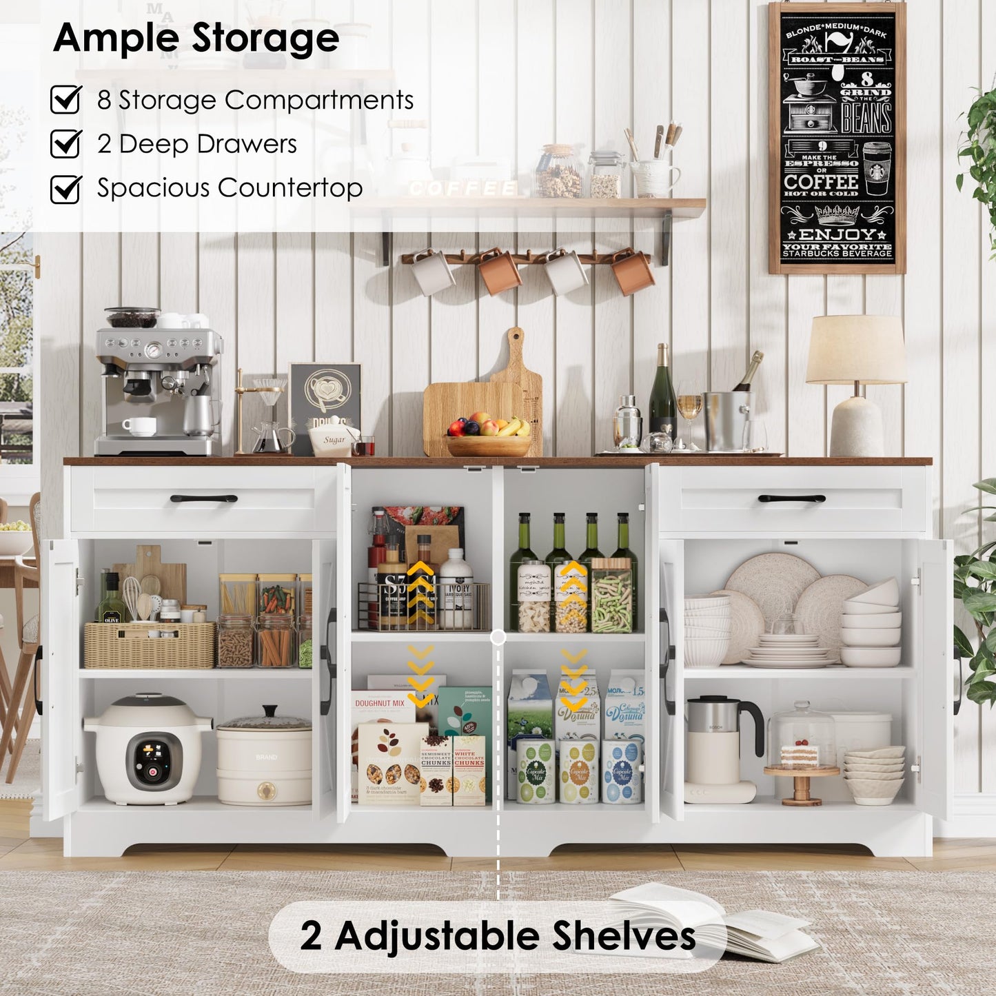 BOTLOG 71” Large Sideboard Buffet Cabinet with Storage, Farmhouse Kitchen Buffet Cabinet with Adjustable Shelves and 6 Barn Doors, Wood Coffee Wine Bar Console Table for Kitchen, Dining Room, White