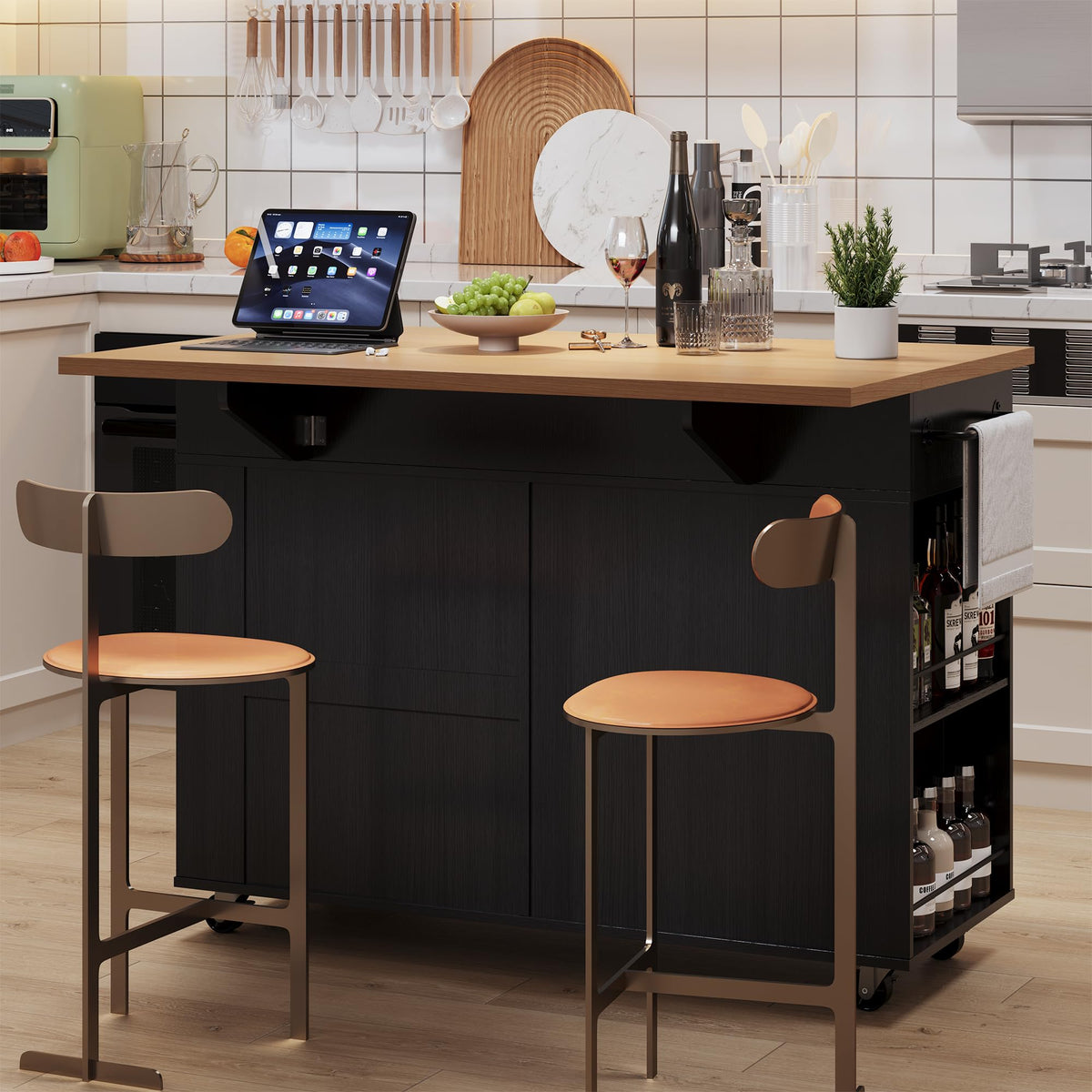 IDEALHOUSE Rolling Kitchen Island with Drop Leaf Countertop, Charging Station & Ample Storage - 47.2" Mobile Kitchen Cart On Wheels with Pull-Out Shelves, Drawers, Spice Rack & Organizer Divider