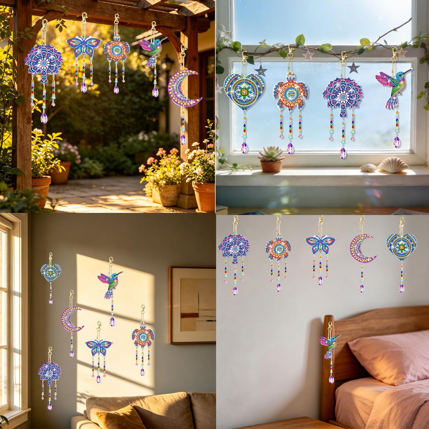 6 PCS Diamond Art Suncatchers Mandala Diamond Art Kits for Adults Kids Double Sided Hummingbird Diamond Painting Wind Chime Christmas Hanging Ornaments Birthday Gifts for Teen Women Mother Gifts