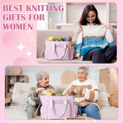 Klyyo Clyro Large Crochet Tote Bag Seersucker Knitting Bag Yarn Storage Tote 15 x 12 Inch Cotton Pink Stripe Crochet Hooks Knitting Accessories Organizer Holder with Zipper for Women DIY Lovers Gift