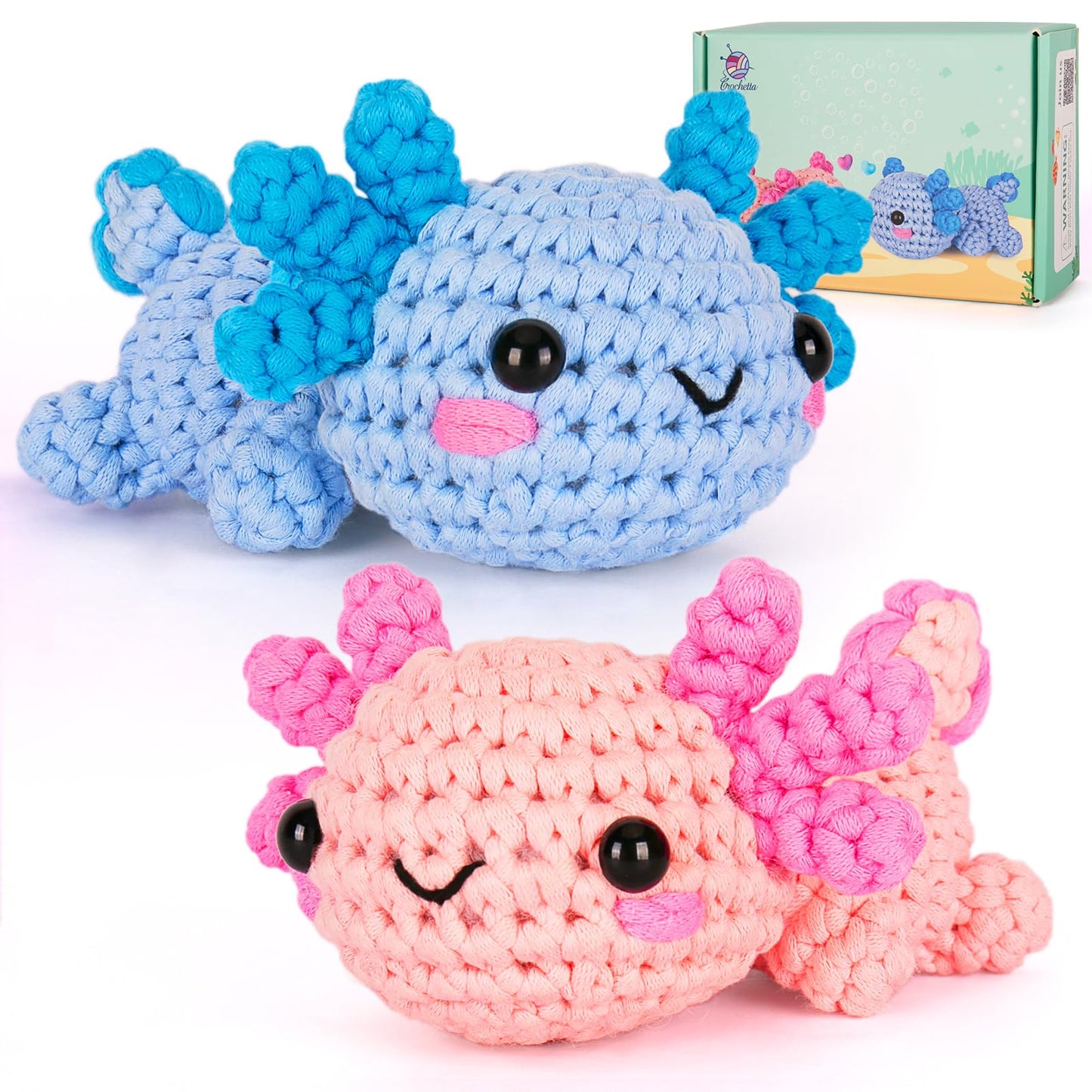Crochetta Crochet Kit for Beginners, Beginner Crochet Starter Kit w Step-by-Step Video Tutorials, Learn to Crochet Kits for Adults Women Men, DIY Knitting Supplies, Axolotls (Blue and Pink)