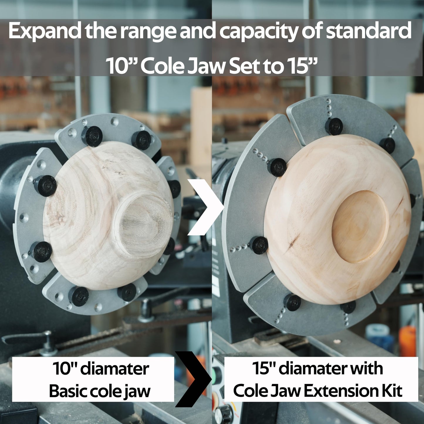 BMWOOD 15" Cole Jaw Set with basic cole jaw 10" diamater plus 5" Extension Kit for NCK series Woodlathe Chuck, compatible with Super NOVA2, G3 Nova, Robert Sorby Patriot, Record Power SC3, SC4.