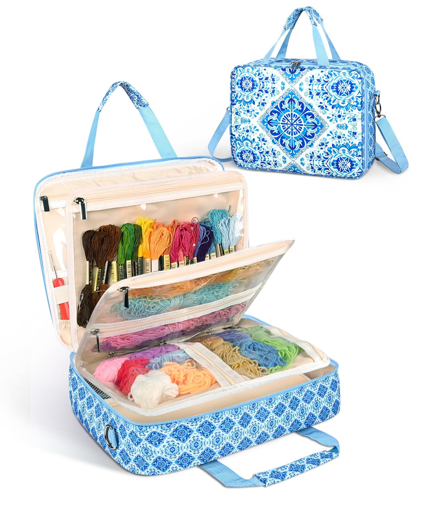 Telawsfun Sewing Supply Storage Bag with Removable Binder, Large Capacity Sewing Organizer Tote With Multi Pocket for Threads, Needles, Scissors, Craft Supplies(Blue Floral)