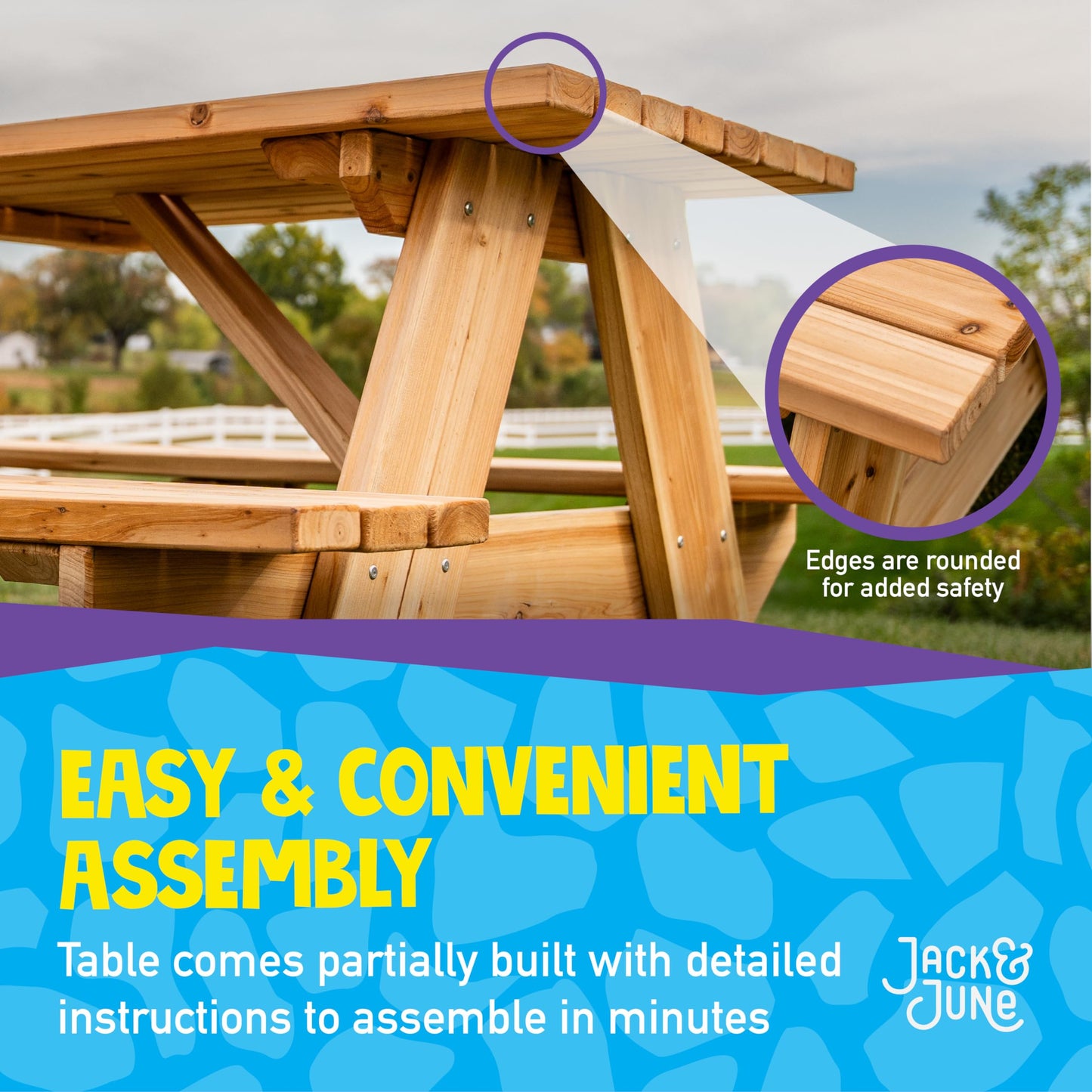 Jack and June Premium Cedar Wood Rectangular Picnic Table Easy Assembly Rounded Corners Comfortable for Kids and Adults