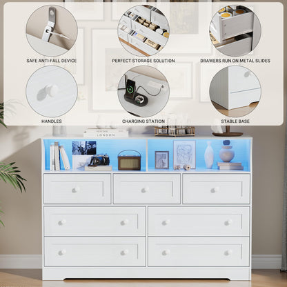 IDEALHOUSE Dresser for Bedroom with 7 Drawers, LED Lights & Charging Station, Wooden Chest with 2 Open Compartments, Freestanding Storage Organizer for Closet, Nursery, Entryway, White