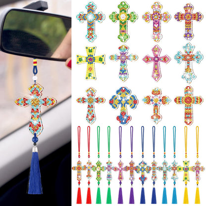JenPen 12 Pcs Cross Diamond Art Kits Car Ornaments Double Sided Religious Cross Diamond Painting DIY 5d Christmas Painting Keychains Kits for Adults DIY Crafts