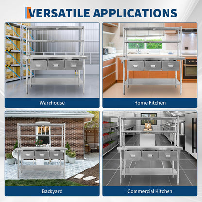 Stainless Steel Table with Overshelves & Drawers, 60" X 24" Commercial Work Tables with 60" X 30" Shelf & 3 Drawers, Metal Kitchen Prep Table with Paper Towel Holder for Home Restaurant Garage