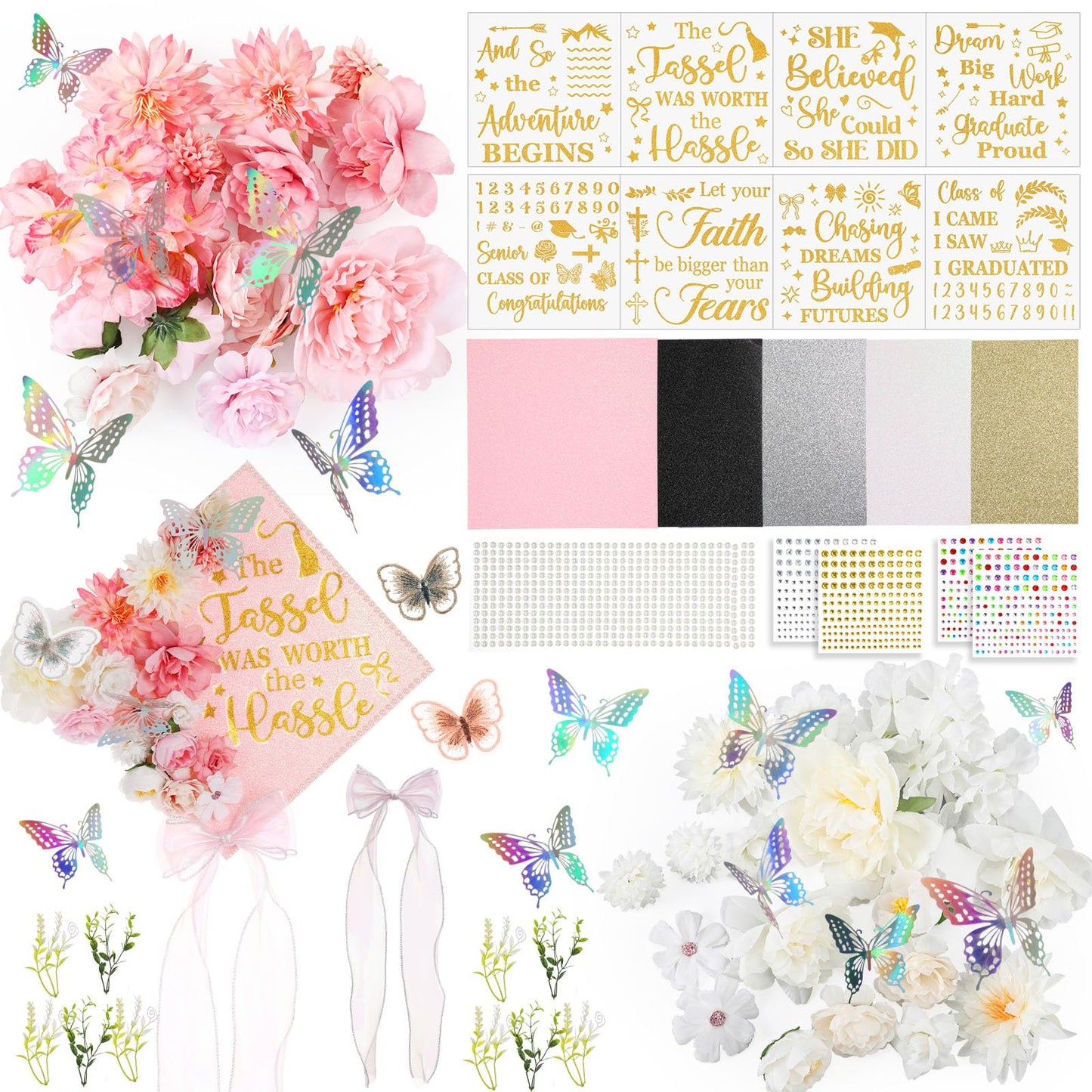 Dunzoom Pink 80 Pcs DIY Graduation Cap Decorations Kit Faux Flower Heads 3D Butterfly Stickers Bow Pearl Rhinestone Stickers Glitter Paper and Ribbon Bows for 2026 Grad Cap Topper Graduation Party