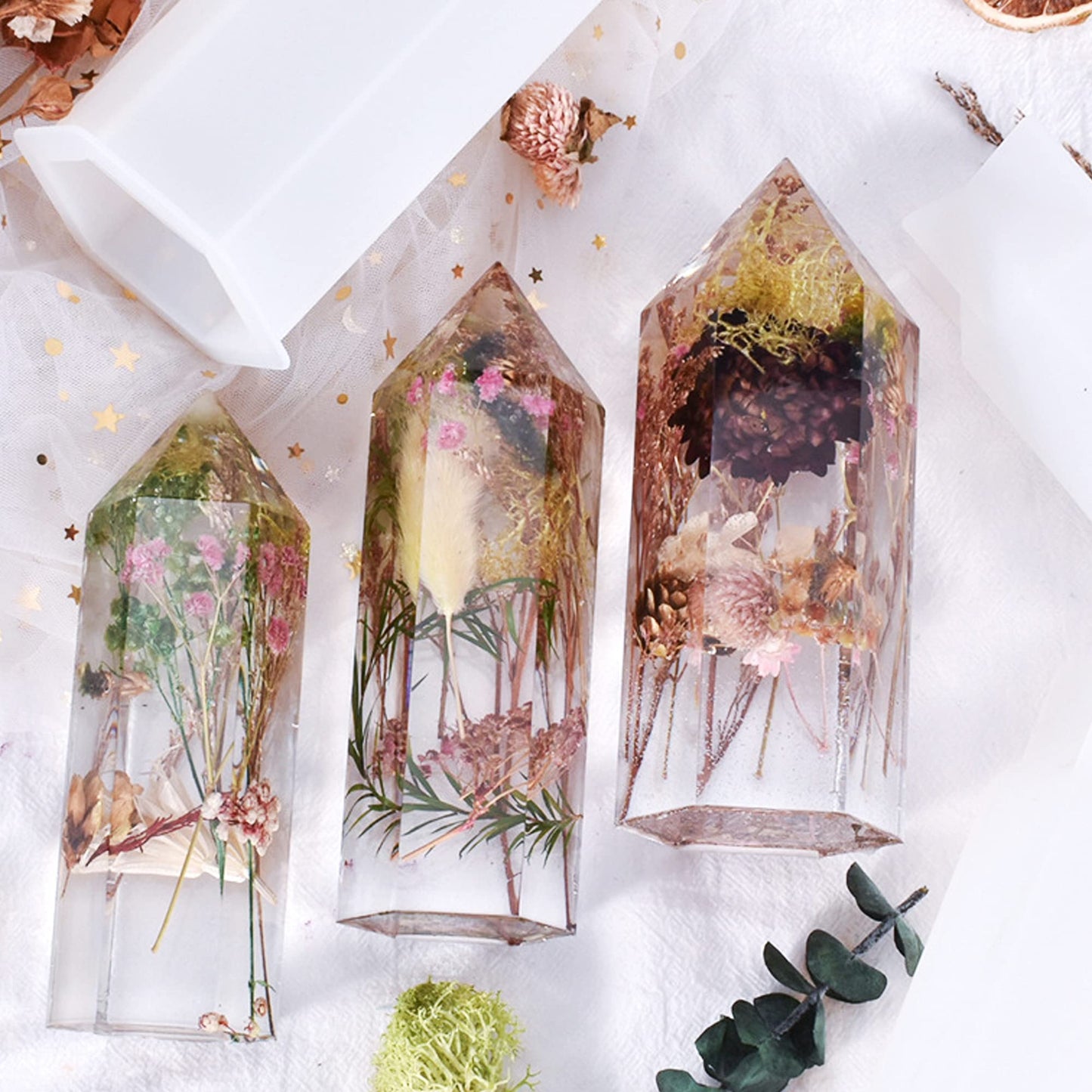 Woohome Crystal Tower Resin Moulds, 3 PCS Large Crystal Point Jewelry Epoxy Resin Silicone Moulds with 2 Pack Dried Flowers, Scissors, Tweezers for DIY Resin Flowers Crystals, Home Decors