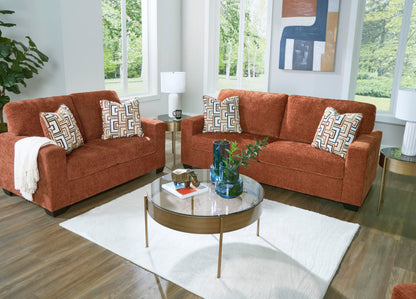 Signature Design by Ashley Aviemore Contemporary Sofa Sleeper with Folding Memory Foam Mattress and 2 Accent Pillows, Queen, Orange