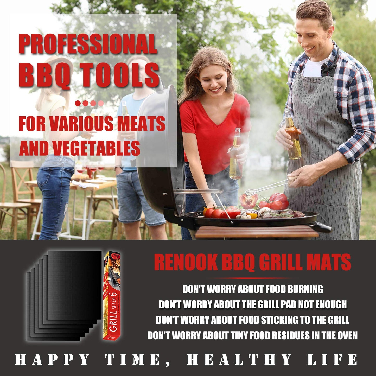 Renook Grill Mat Set of 6-100% Non-Stick Reusable Mats for Gas, Charcoal or Electric Grills - Easy to Clean - 15.75 x 13-Inch, Black