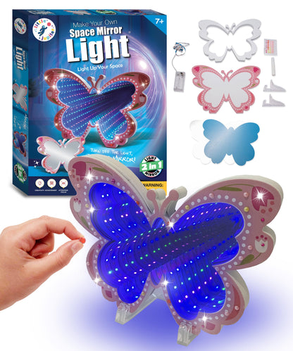 DIY Butterfly Space Mirror Light - 2 In 1 Mirror & Space Tunnel Effect with LED Lamps - Perfect Science Kids Arts and Craft Activity Kit for Girls 7-12 Years Old - Foam Craft with Gem Art Decorations