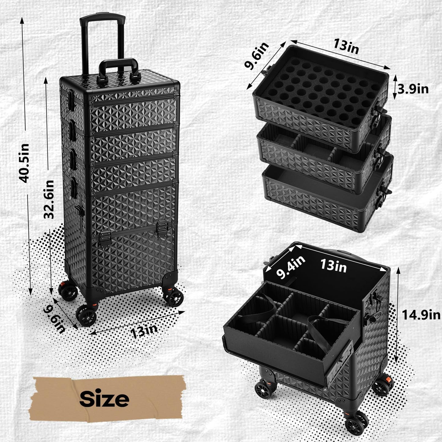 Yueieoun 5 in 1 Makeup Train Case, Cosmetology Case on Wheels Travel Make up Case Rolling Nail Cart Makeup Organizer Cosmetic Storage Box Cases Extra Large Trolley Truck with 360° Swivel Wheels, Black