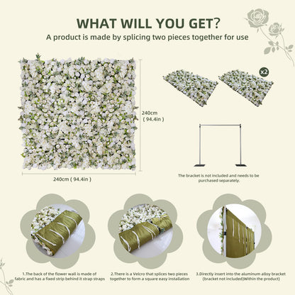 flora shining Artificial White Rose Flower Wall Panel, 94.5 x 94.5 inches, Wedding & Event Backdrop Decoration