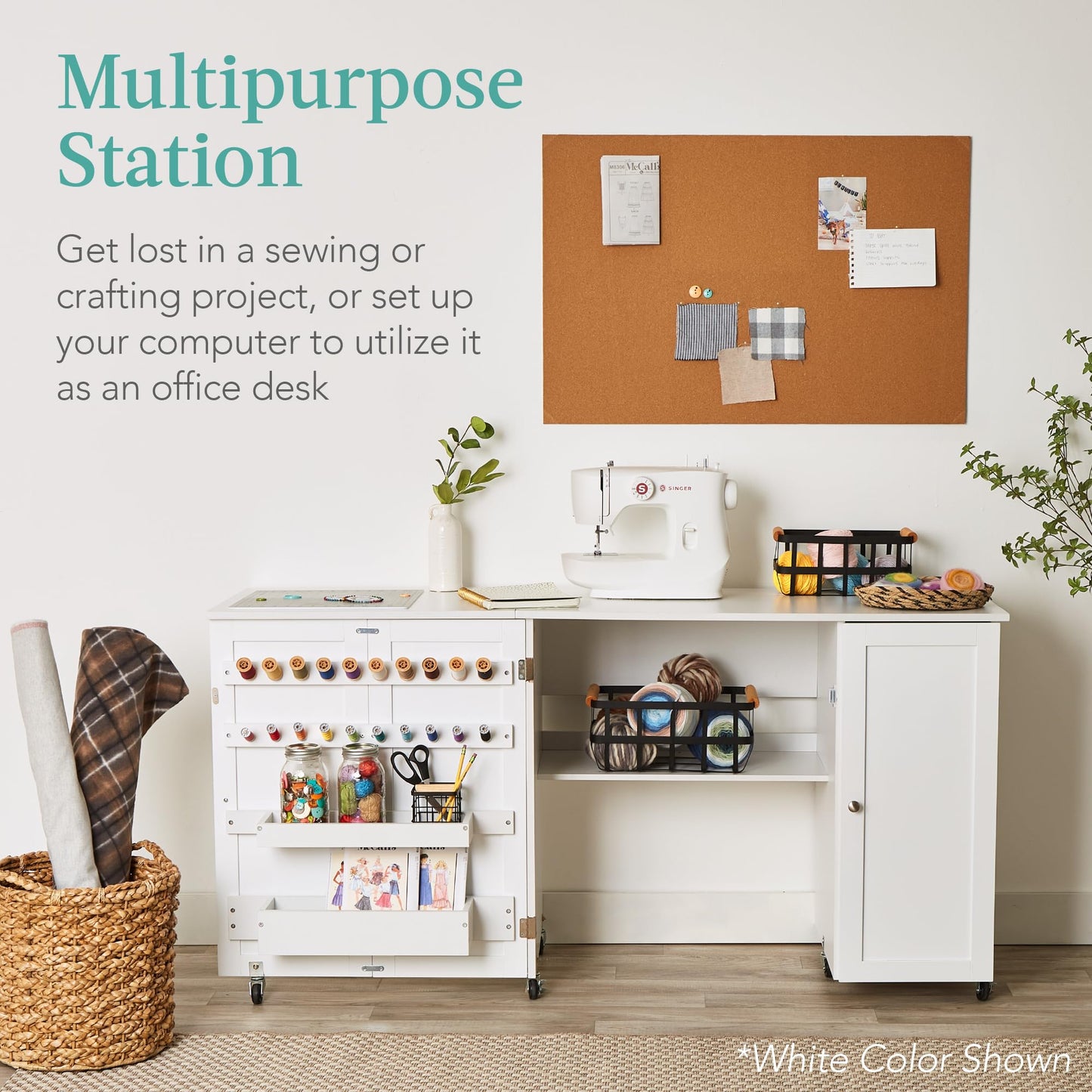 Best Choice Products Large Folding Sewing Table, Multipurpose Portable Craft Station & Side Desk w/Compact Design, Caster Wheels, Storage Shelves, 2 Storage Trays, Magnetic Doors - Natural/White