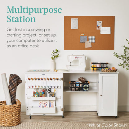 Best Choice Products Large Folding Sewing Table, Multipurpose Portable Craft Station & Side Desk w/Compact Design, Caster Wheels, Storage Shelves, 2 Storage Trays, Magnetic Doors - Natural/White