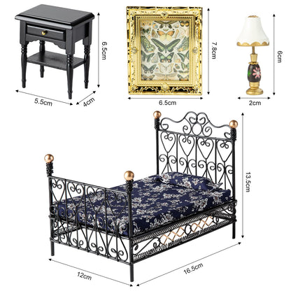 Minamzee 8Pcs 1:12 Dollhouse Bedroom Furniture Set Miniature Black Metal Bed with Bedding, Wooden Bedside Table, Lamp, Books, Murals for Master Bedroom Dollhouse Furniture Decorations Accessories