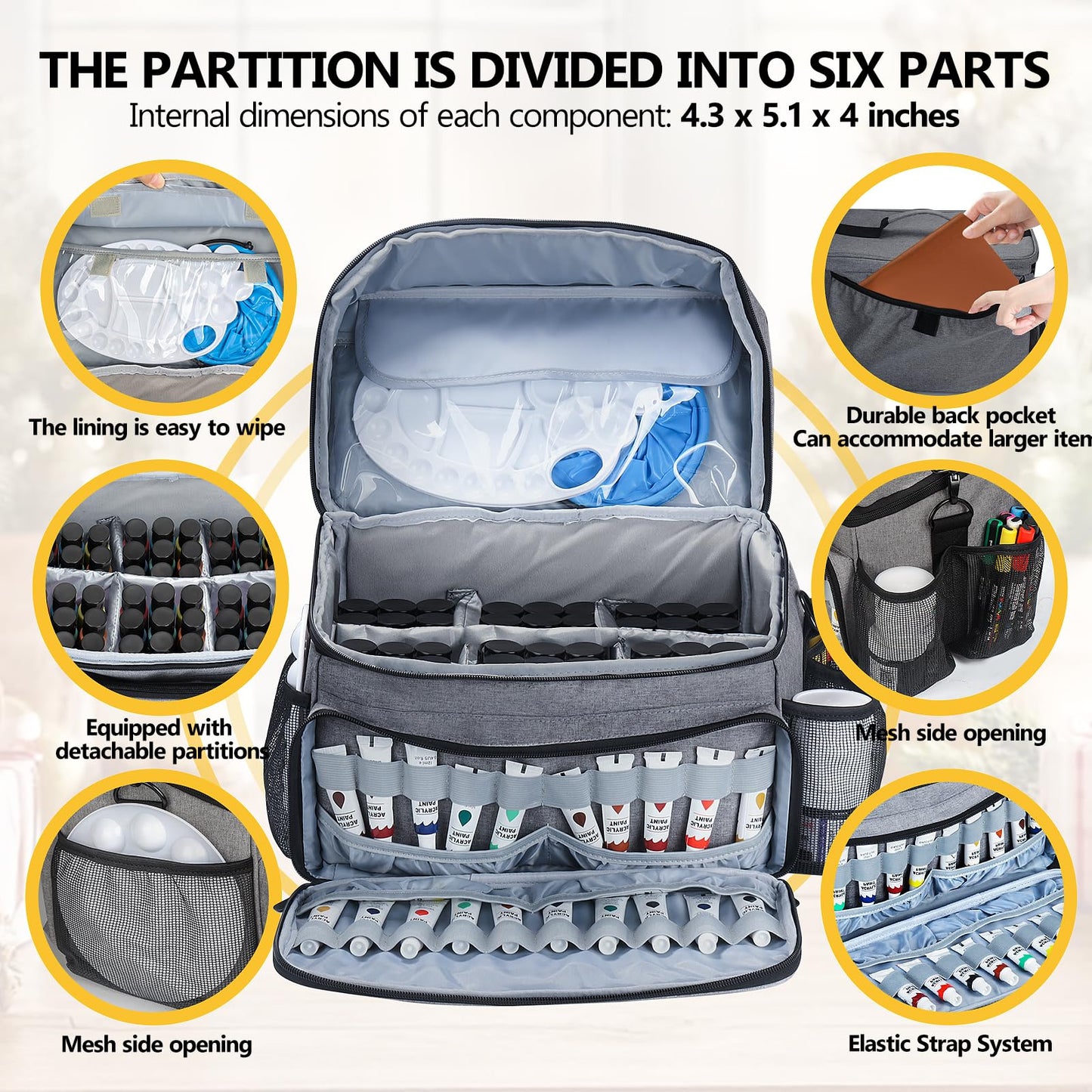 Acrylic Paint and Brush Set Organizer Bag - Carrying Case Compatible with Apple Barrel, Shuttle Art, Caliart Art Supplies - Includes Detachable Paint Brush Holder - for Travel/Outdoor Sketching (Gray)
