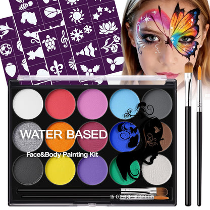 Face Painting Kit for Kids, 15 Colors Water-Based Face Paint Palette with Stencils | Safe Skin-Friendly Body Paint for Halloween Makeup, Birthday, Sport & School Events