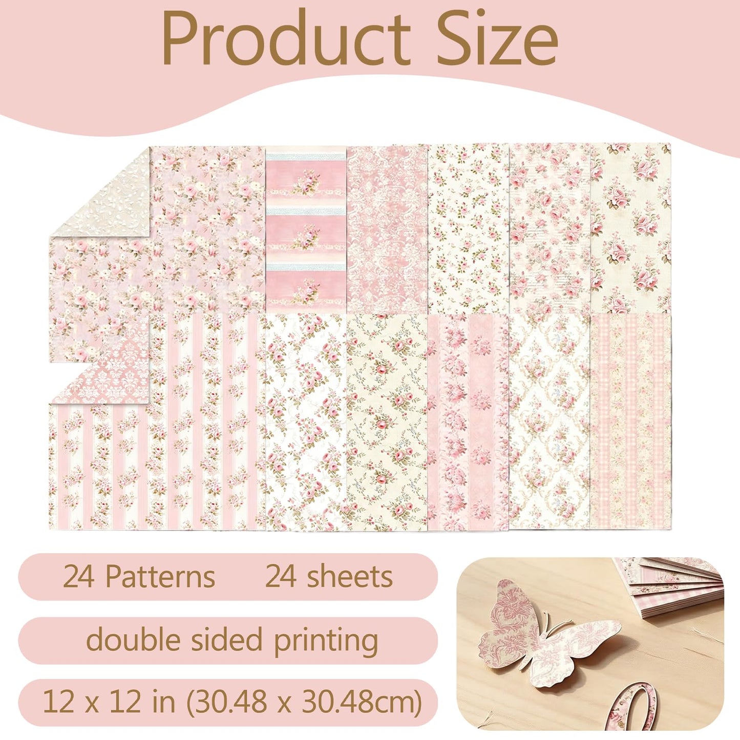 shuielai 24 Sheets 12×12 Retro Pink Floral Scrapbook Paper, Dual-Sided Decorative Craft Paper - for Photo Albums Junk Journals DIY Decor (Pink)