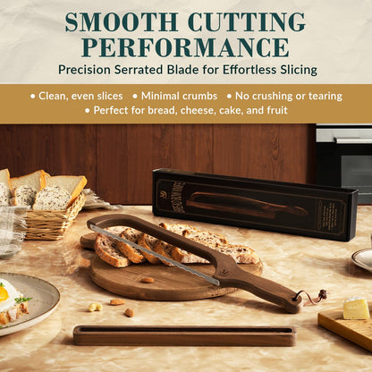 BreeziiDesign Bread Knife with Wooden Tray, 16.5" Serrated Sourdough Bread Knife, Premium Bow Bread Slicer for Homemade Bread, Bagels & Loaf, Stainless Steel Cutter (Black Walnut, Narrow-Spacing)