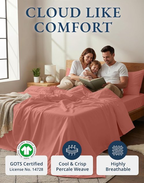 LANE LINEN 100% Organic Cotton Full Sheet Set - Ultra Soft Percale Bedding, Fits Mattresses Up to 15" Deep | Rose Dawn