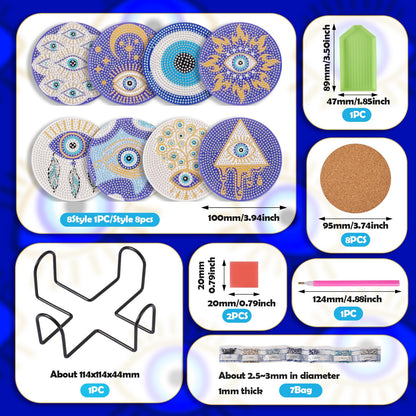 Cheriswelry 8Pcs Evil Eye Diamond Painting Coasters Set Bohemia Style Art Painting Coasters with Holder 5D DIY Diamond Painting Drink Mat Kits for Beginners Adults Kids DIY Coasters