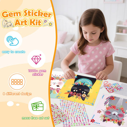 Gem Art Sticker Kit, Arts and Crafts for Kids Age 4-12, 8 Cat Themes Diamond Art Kit, Gemstone Sticker Crafts Christmas Birthday Gifts for Girls Ages 4,5,6,7,8 Year Old (Cat)