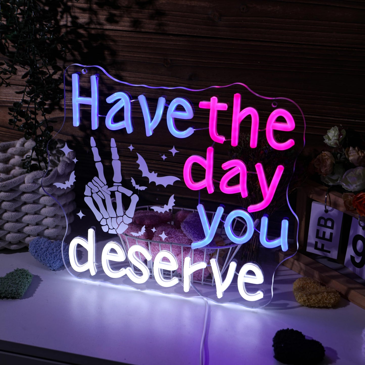 Have The Day You Deserve Gothic Emo Neon Sign Edgy Dark Humor Skeleton Hand Funny LED Neon Light for Home Bar, Horror Room Decor, Ironic Gift for Sarcastic Friends