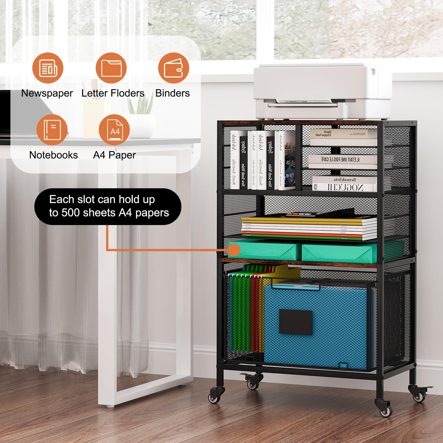 EasyPAG Rolling Cart with Storage Drawer, Under Desk Filling Cabinet with Mail Sorter, Pull Out Hanging File Rack for Letter Size Folders, Mobile Utility Craft Cart for Home Office, Black