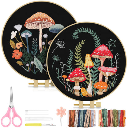 TINDTOP 2 Pack Embroidery Kit for Adult Beginners, Embroidery DIY Starter Kit, with Mushroom Stamped Patterns, Hoop, Tools, Colorful Threads with Needles, Instructions