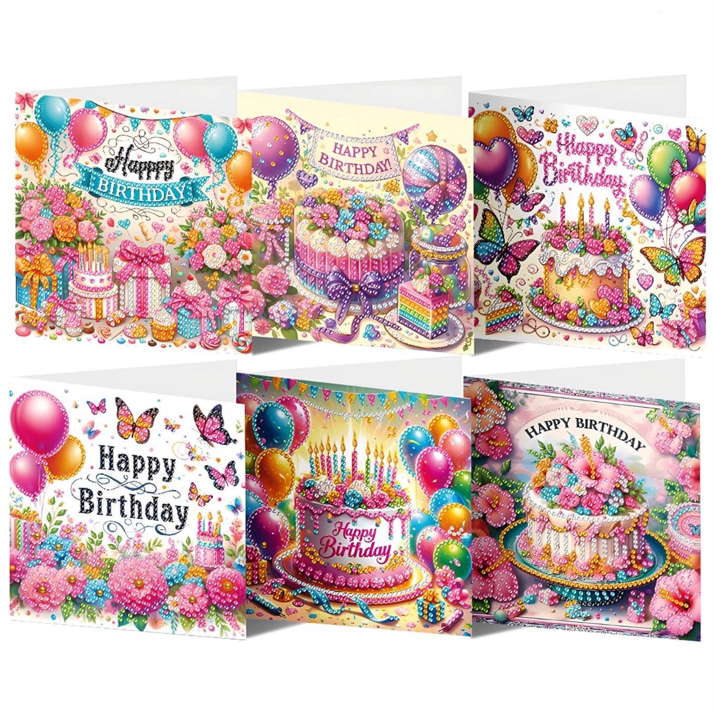 ACSAUMMY DIY Happy Birthday Diamond Art Painting Cards, 6 Pack Cake Gem Art Greeting Cards with Envelopes, 5D Diamond Dots Kits Birthday Cards Making Kits for Adults Family Friends Birthday Gifts