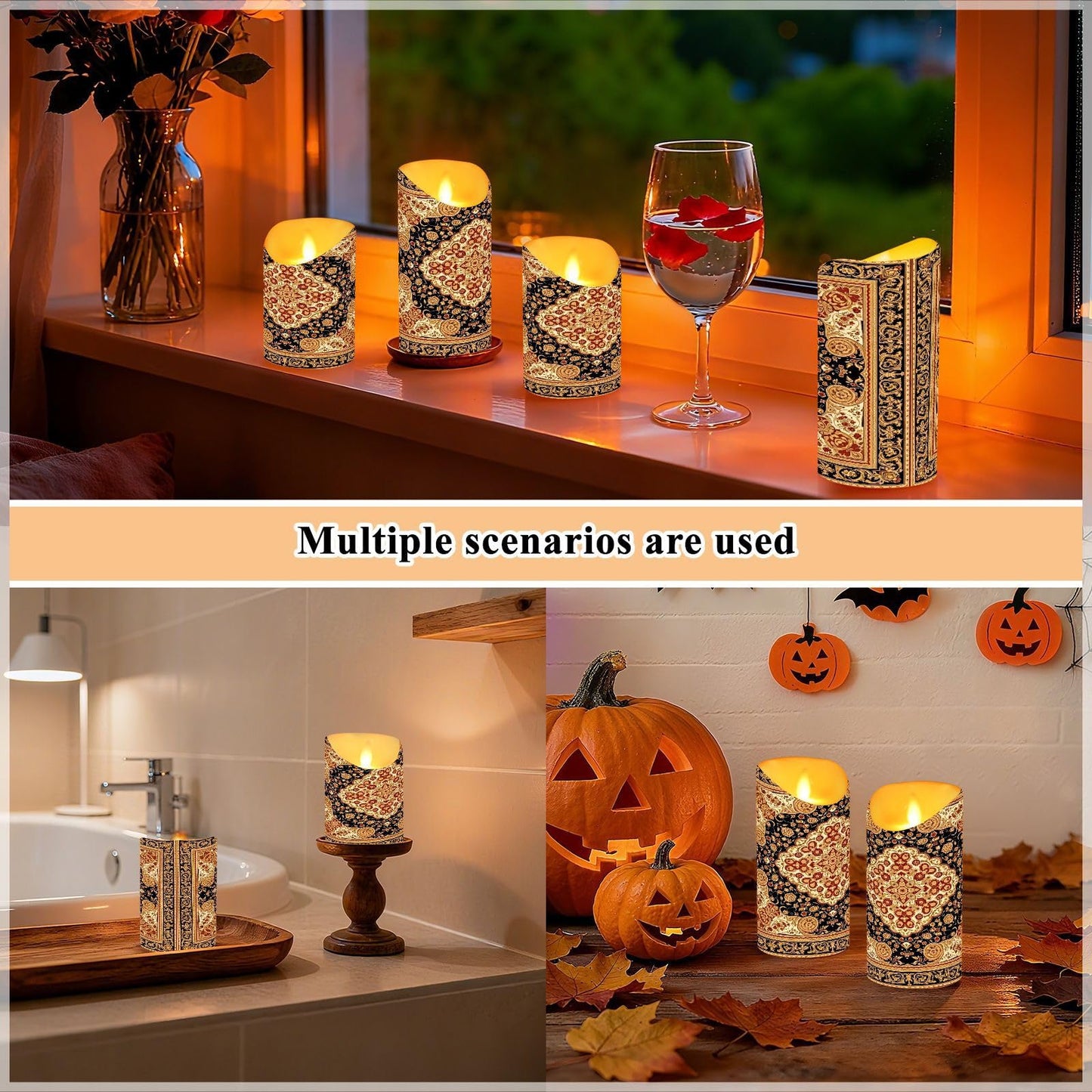 Gravopti Oriental Medallion 2 Pack Flameless LED Pillar Candles with Remote & Timer, Battery Operated, Flickering Wax Candle for Wedding, Romantic Home & Party Decor
