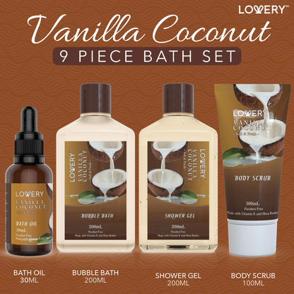 Gifts For Women Gift Basket for Women– 9 Piece Set of Vanilla Coconut Home Spa Set, Includes Fragrant Lotions, Extra Large Bath Bombs, Coconut Oil, Luxurious Bath Towel & More