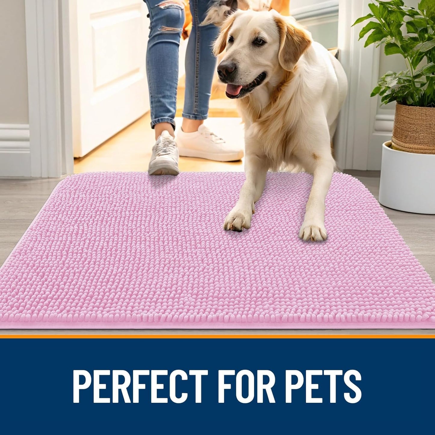 OLANLY Dog Door Mat - Absorbent Non-Slip Chenille Mat for Muddy Paws | Quick Dry 59x32, Pink