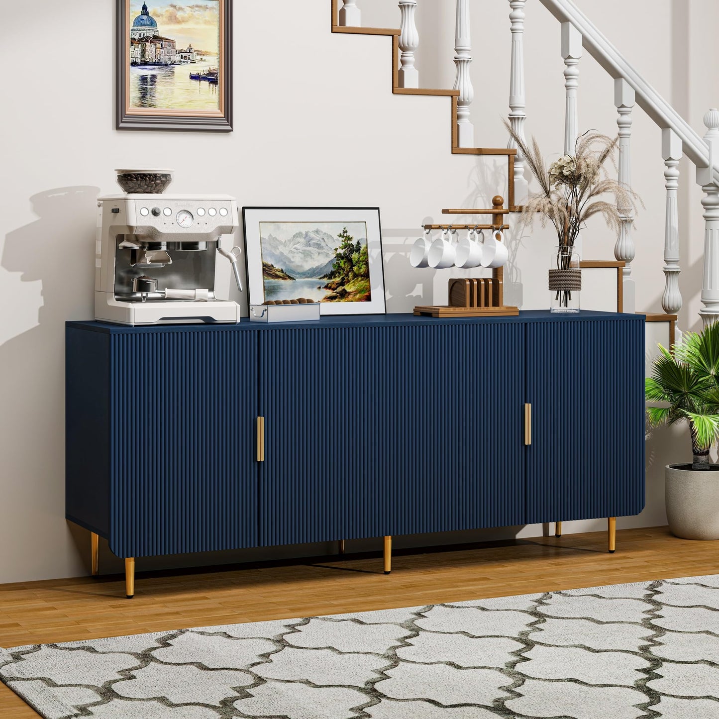 Tantmis 65" Fluted Sideboard Buffet Cabinet with Storage, Console Cabinet with 4 Doors & Adjustable Shelves, Modern Buffet Table for Kitchen Dining Living Room Hallway‌ Entryway, Blue