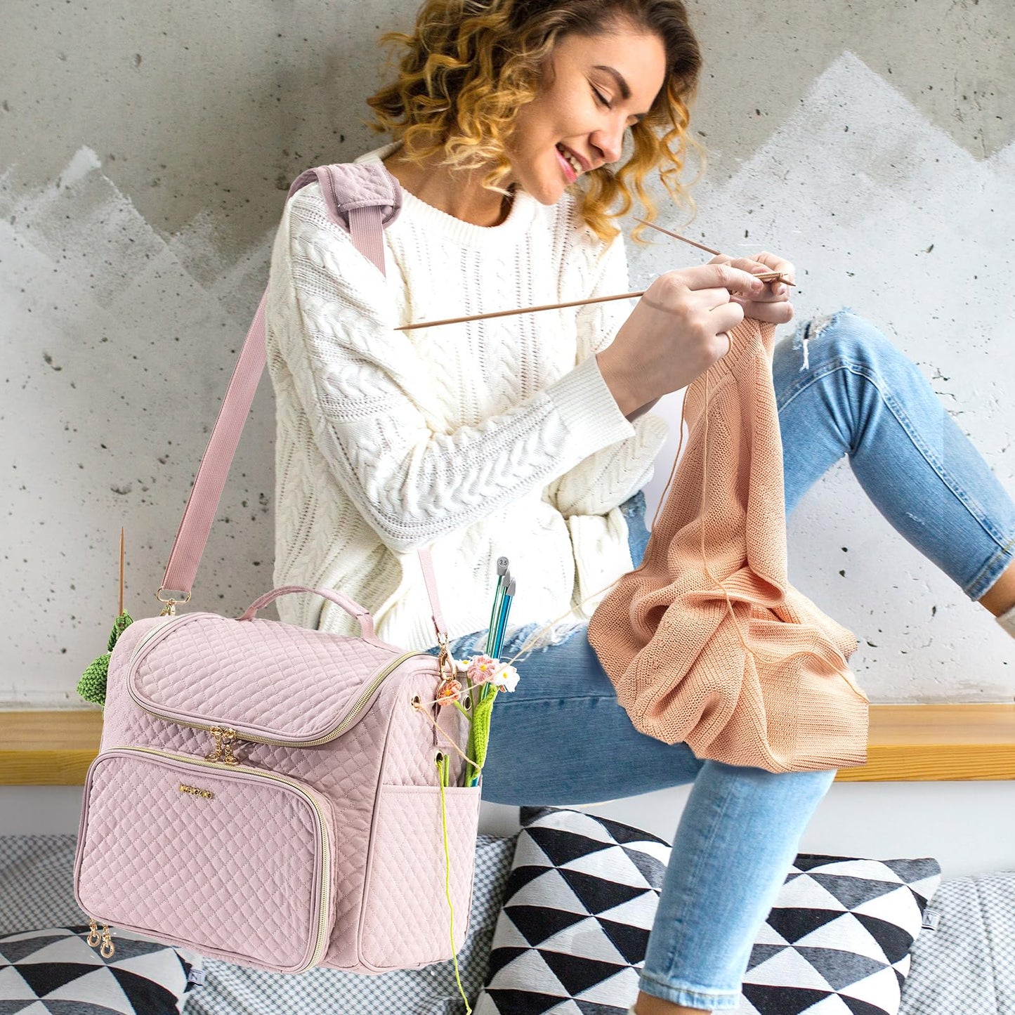 MYBAGZING Crochet Bag Organizer - Quilted Storage Bag with Hanging Hook, Ideal for Knitting & Crochet Accessories